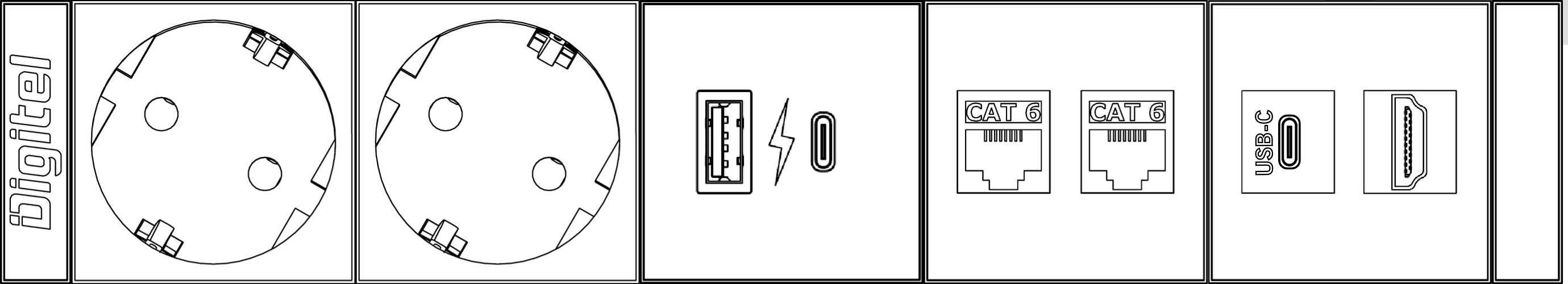 Box da incasso Slim con 2 prese Schuko, 1 modulo USB di ricarica, 2 RJ-45, 1 USB-C, 1 HDMI, bianco-alluminio - visualizza la scheda