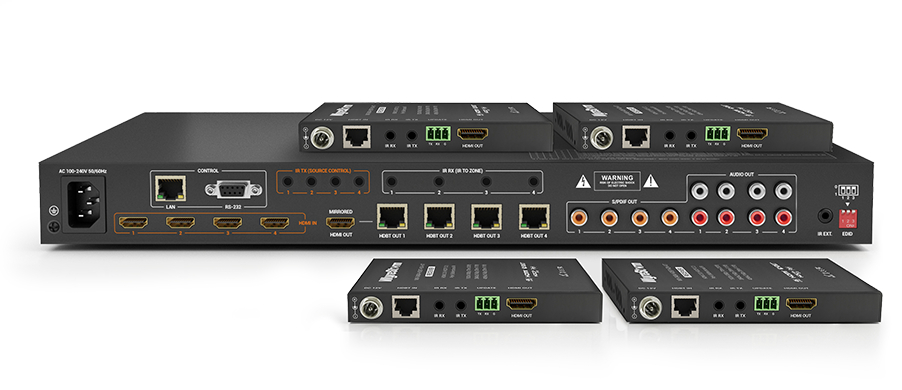 Kit Matrice HDMI - HDbaseT 4x4 + audio, con 4 ricevitori HDbaseT-HDMI 4K HDR - visualizza la scheda